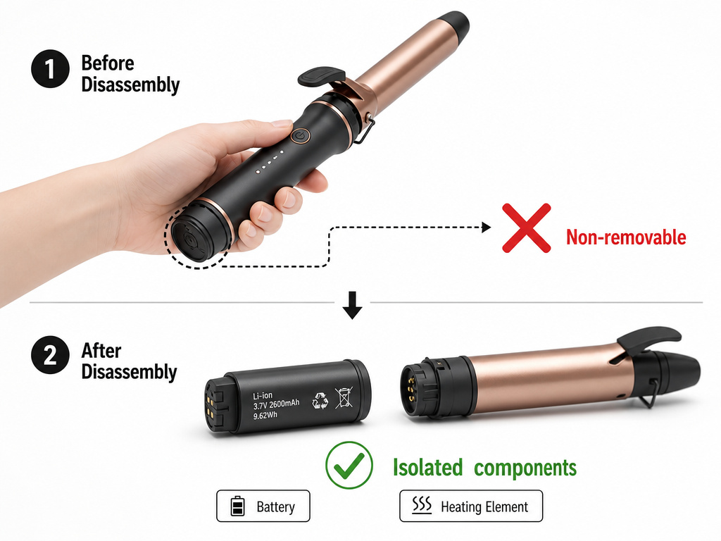 Diagram showing isolation requirement for a curling iron battery in carry-on luggage.