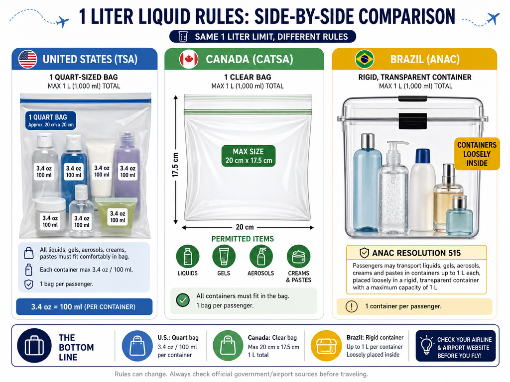 TSA, CATSA, and ANAC carry-on liquid limits comparison infographic.