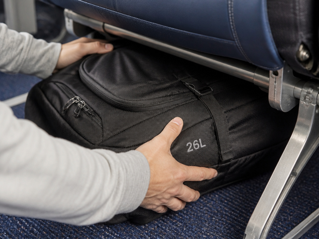 26 liter backpack fitting under an airplane seat as a personal item.