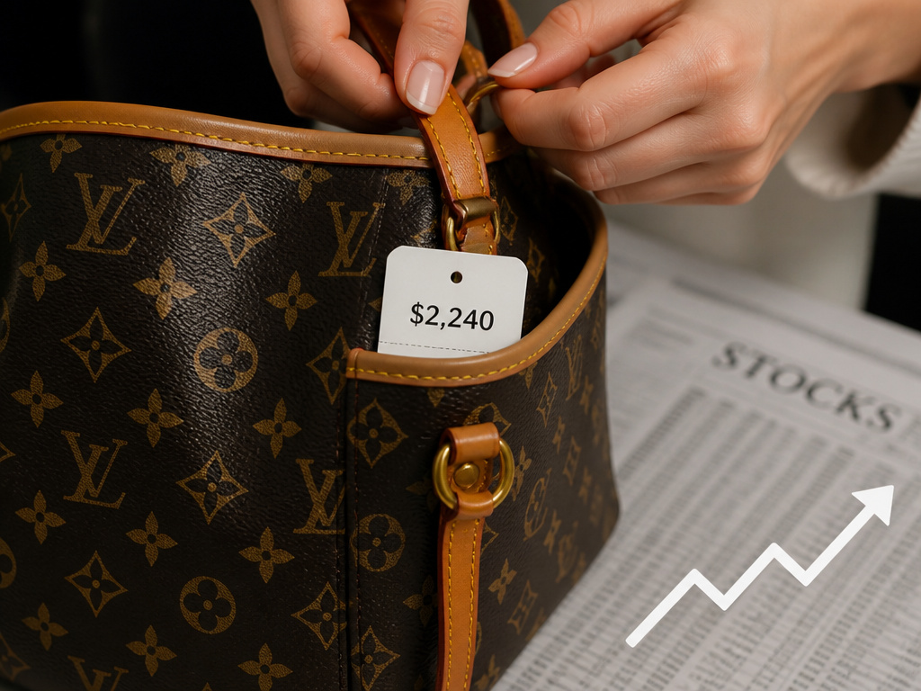 Louis Vuitton Neverfull bag on financial chart showing value retention.