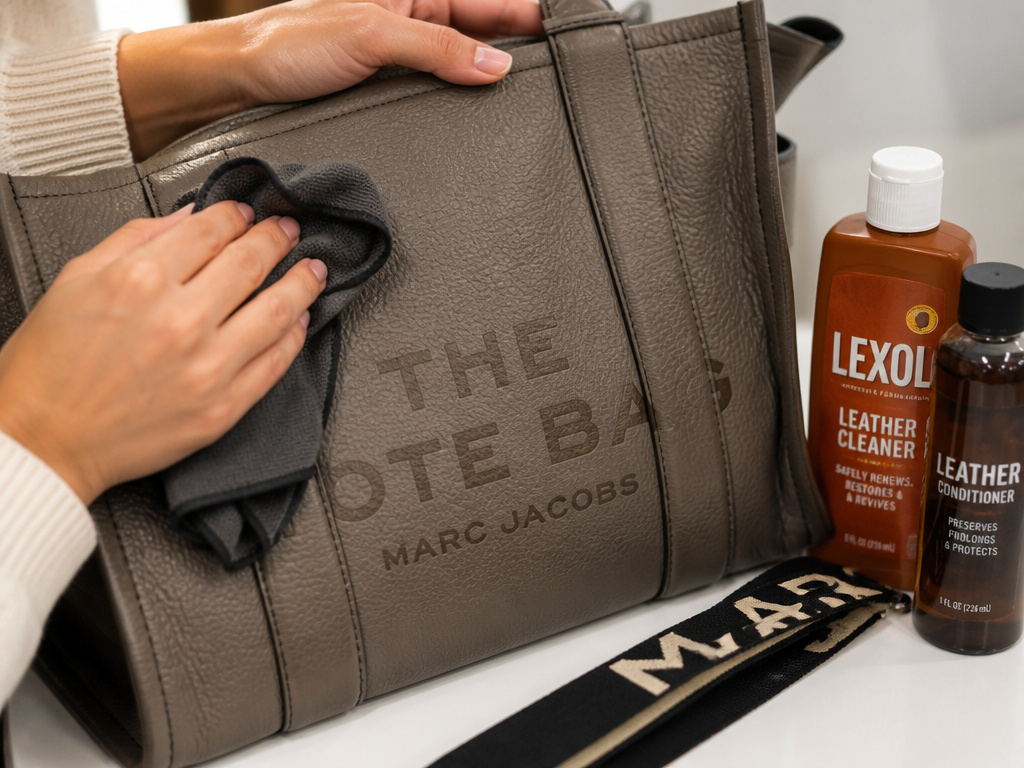 Close-up of hands cleaning and conditioning a leather Marc Jacobs tote bag.