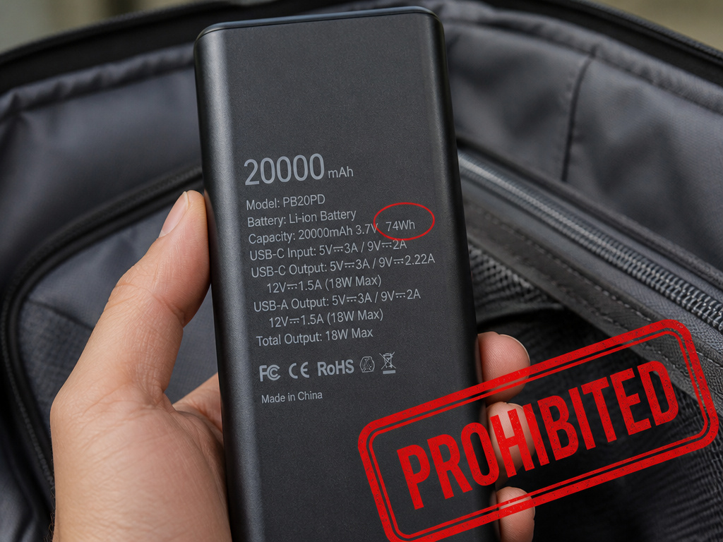 Prohibited high-watt-hour lithium battery inside carry-on luggage.