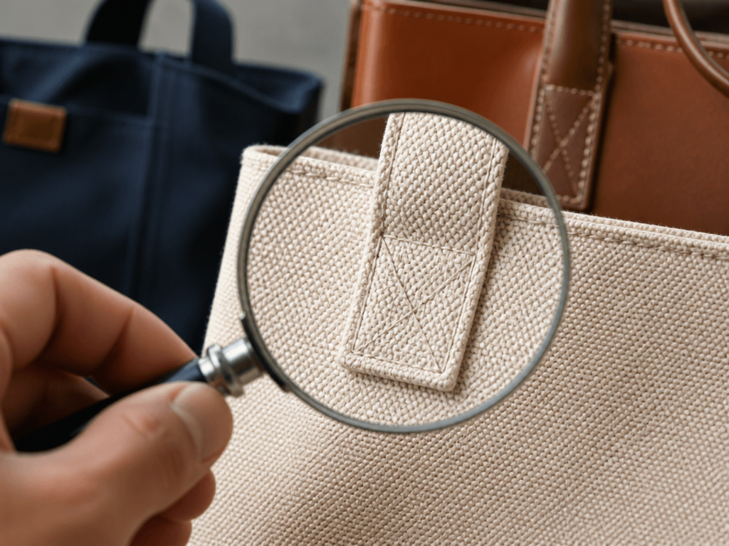 close-up inspection of tote bag materials, stitching, and strap attachment for sturdiness