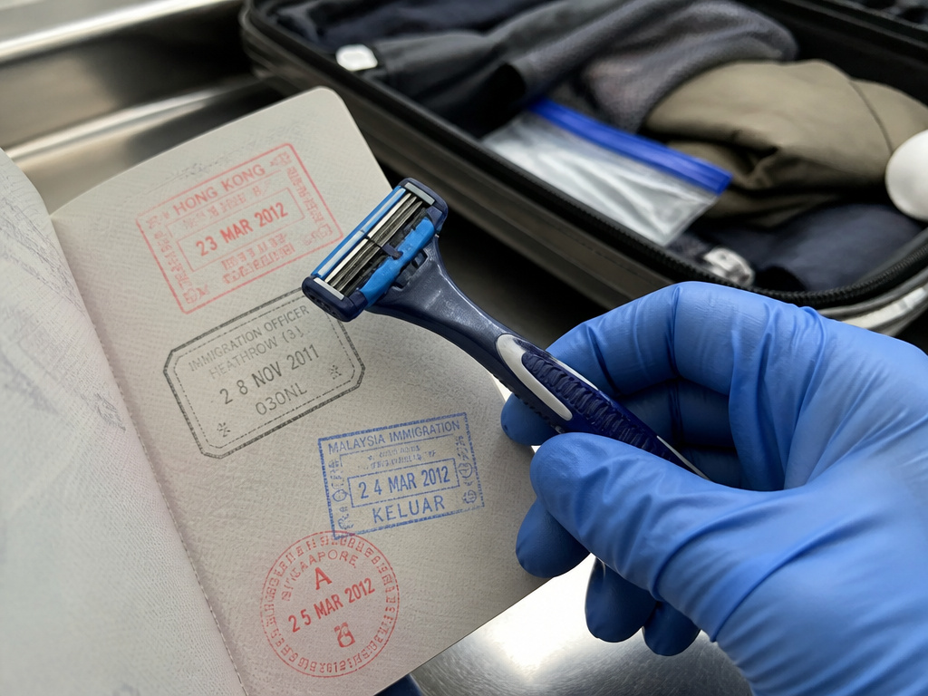 Cartridge razor and passport at a security checkpoint for international travel.