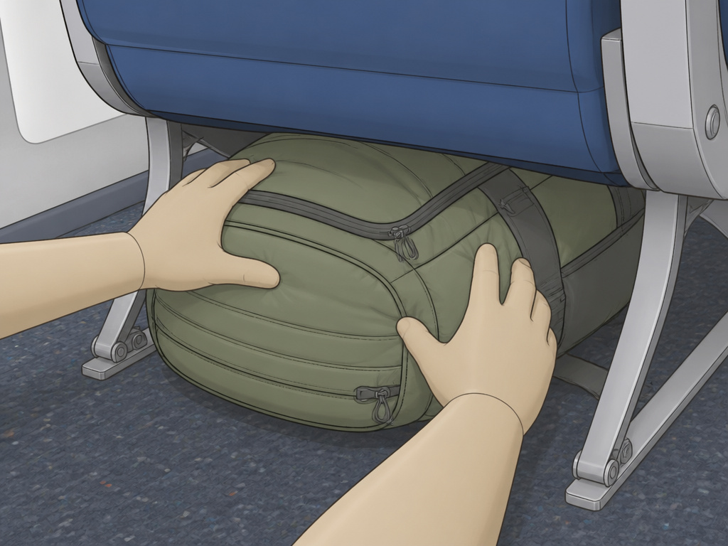 Overstuffed backpack being forced under an airplane seat as a personal item