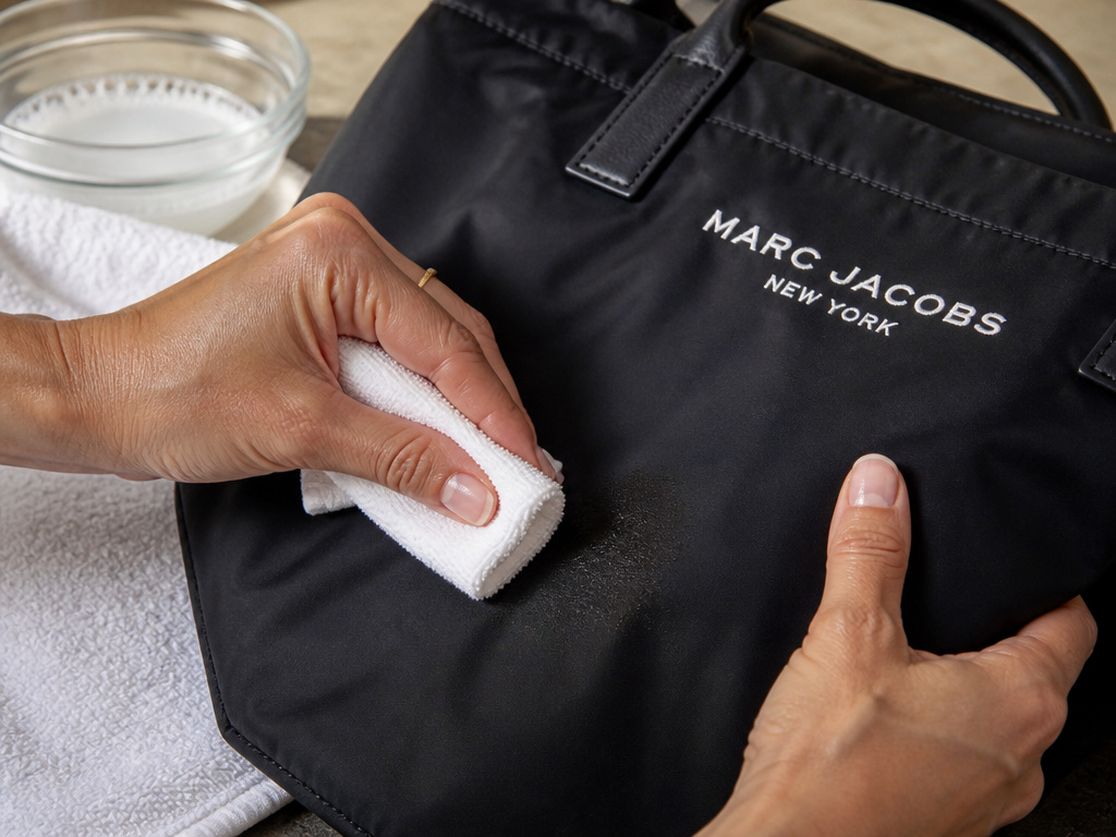Spot cleaning a stain on a Marc Jacobs nylon tote bag with a microfiber cloth.