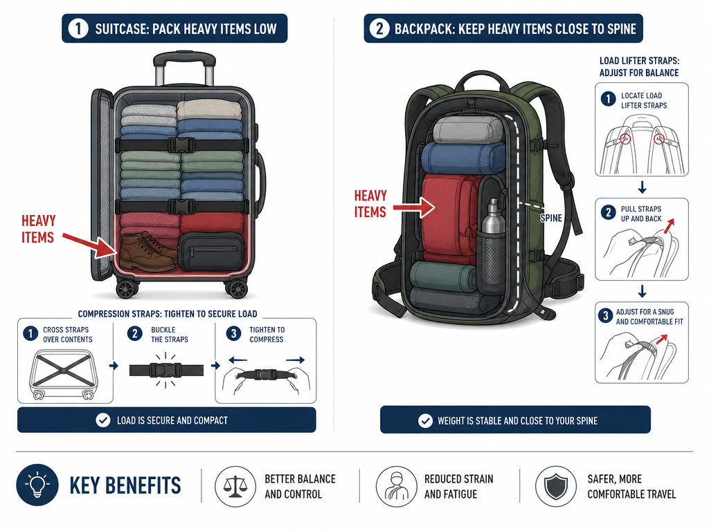 Diagram comparing weight placement in a wheeled suitcase versus a backpacking pack.