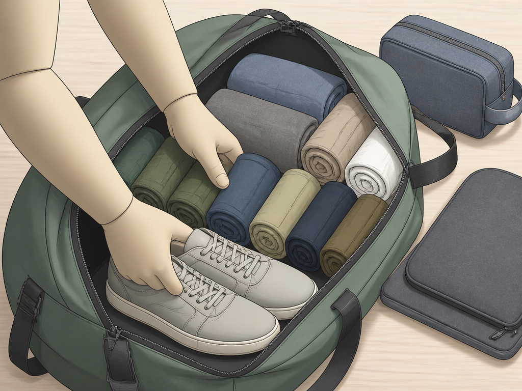 Diagram showing how to pack clothes and shoes into a 40-liter duffel bag.