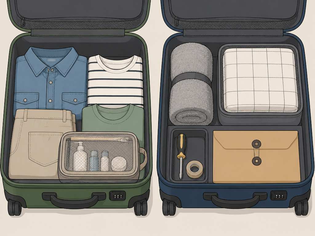 Two suitcases comparing packing for travel versus packing for a move
