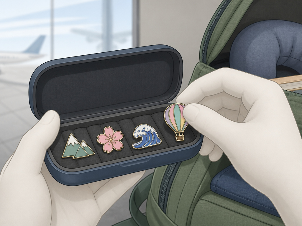 Securing collectible pins in a hard case for airport carry-on backpack travel.