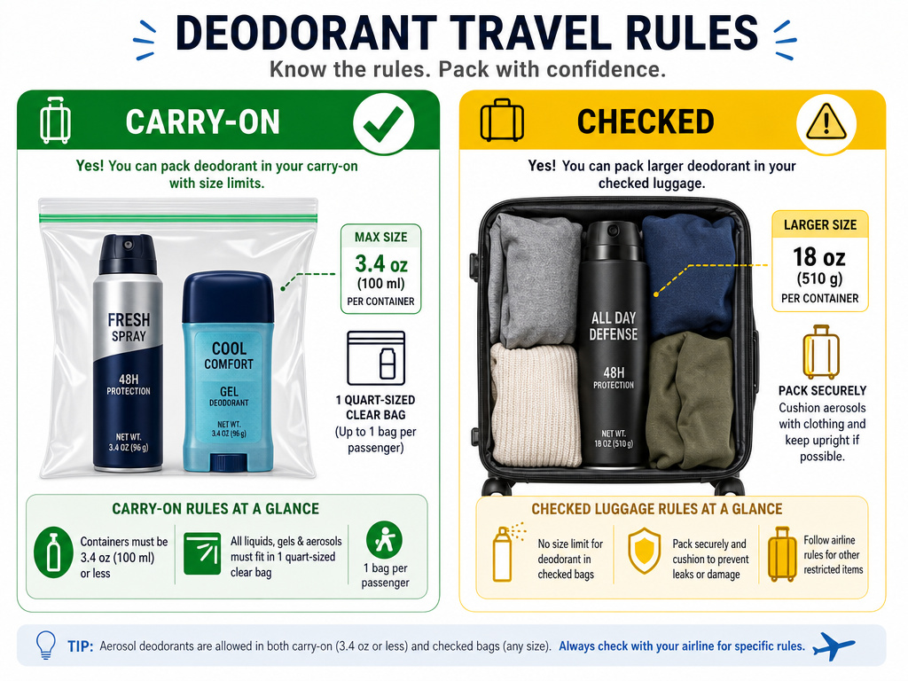 Infographic comparing deodorant packing rules for carry-on versus checked luggage.