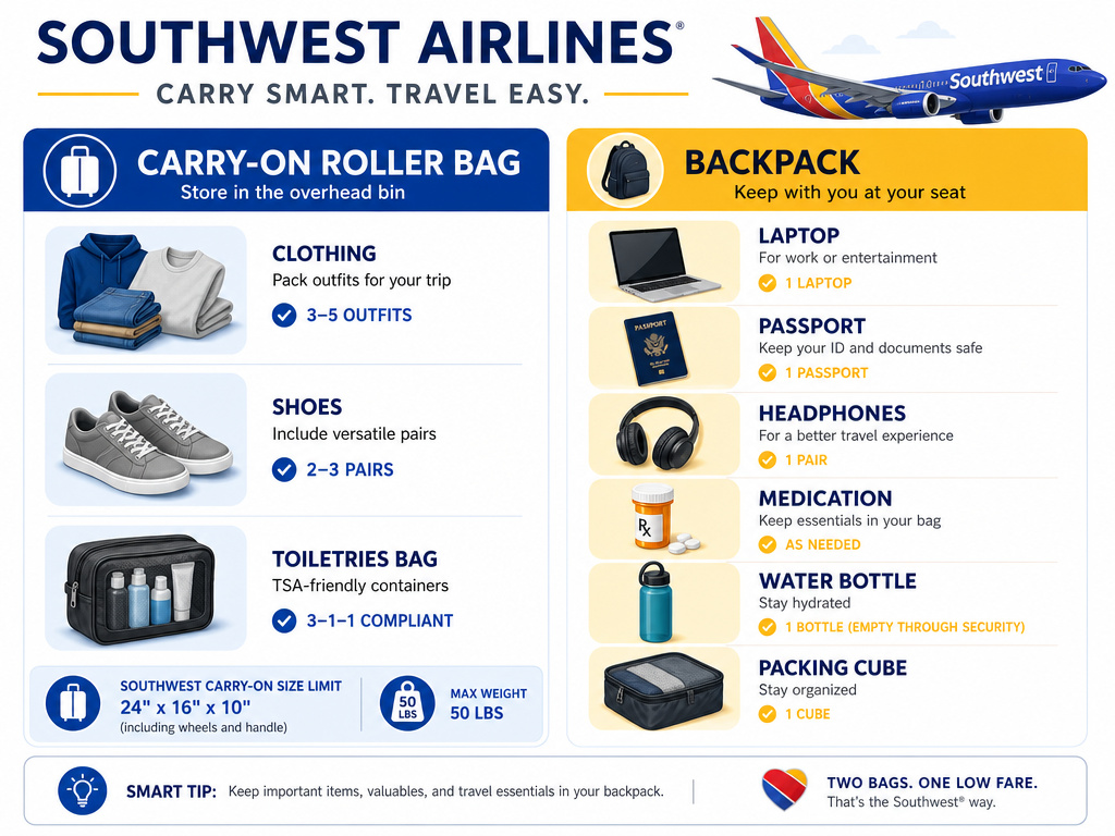 Infographic showing what to pack in a carry-on versus a backpack for Southwest Airlines.