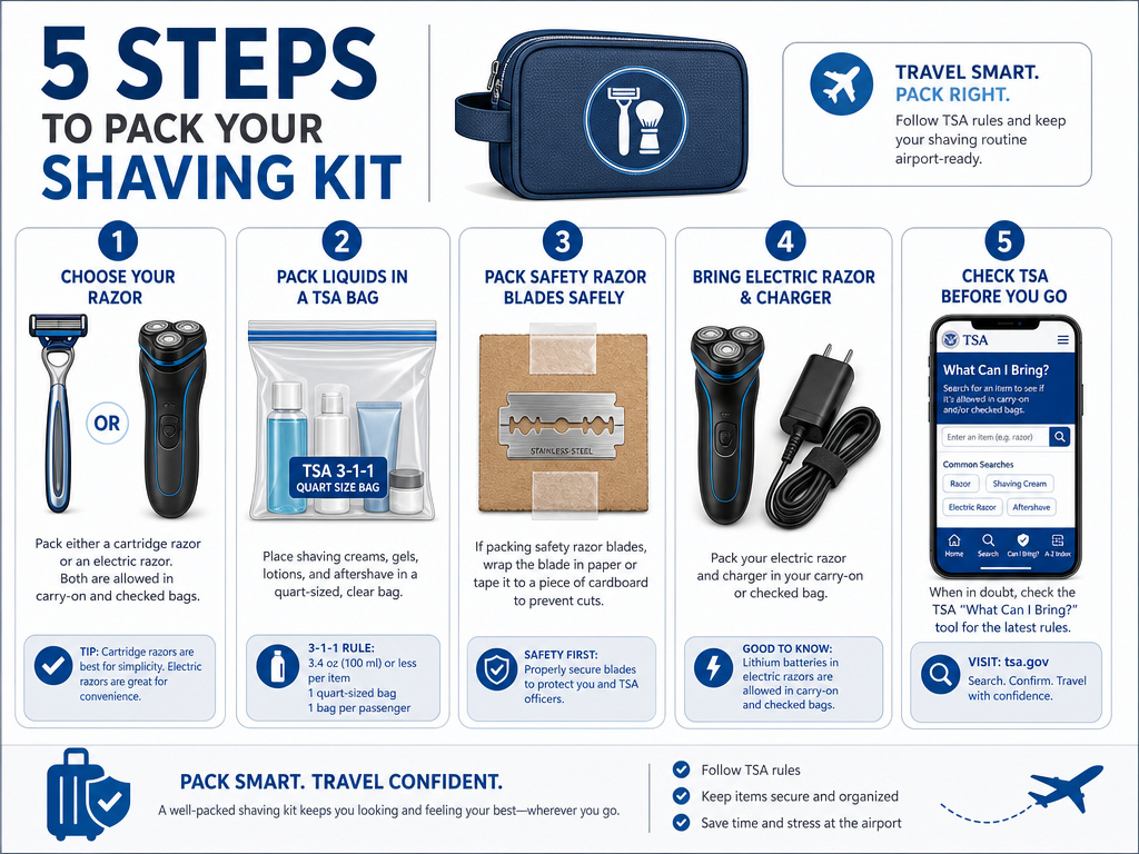 Infographic on packing travel shaving kits and TSA razor rules for carry-on luggage.