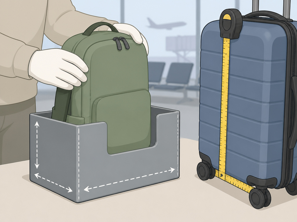 Measuring personal item bag size versus carry-on luggage for airline rules.