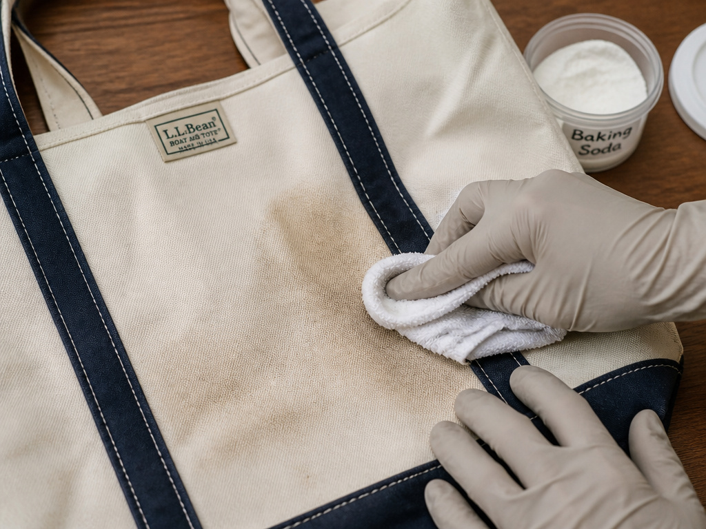 Cleaning an LL Bean tote with saddle soap for a greasy stain.