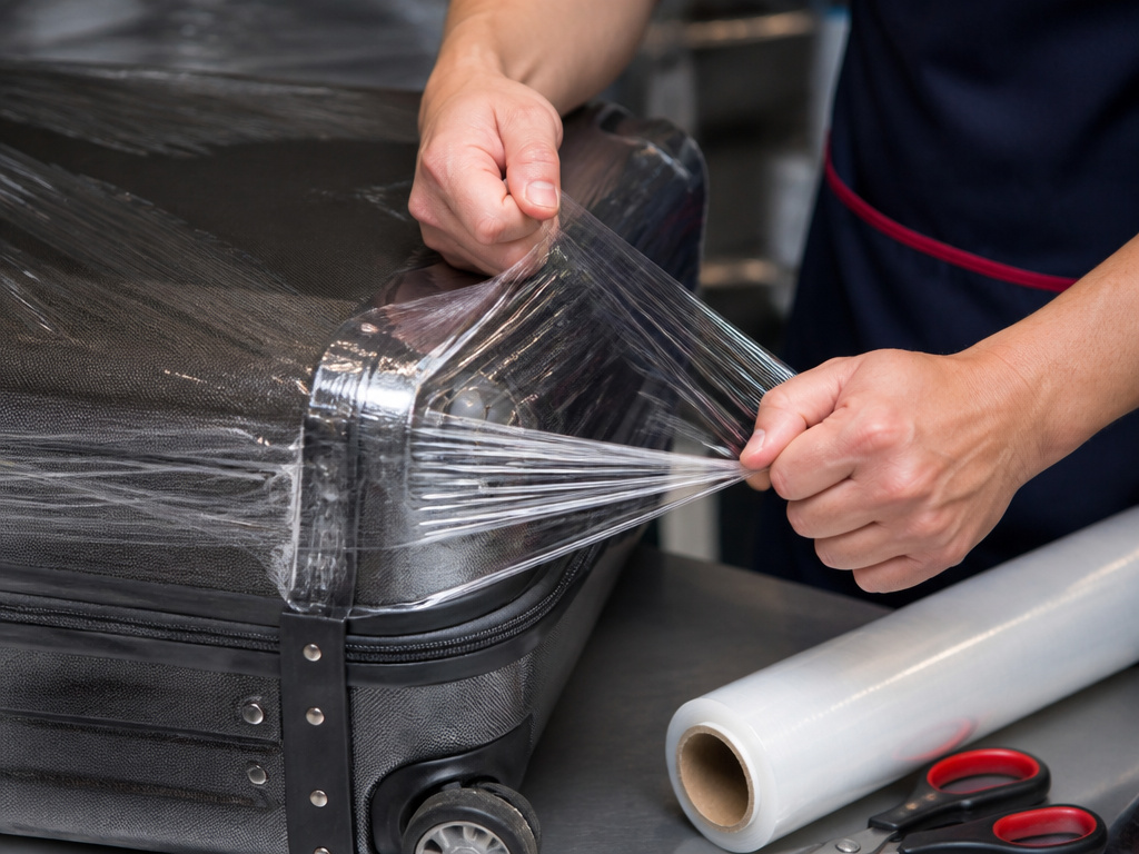 Wrapping a suitcase corner with clear industrial stretch film for shipping protection