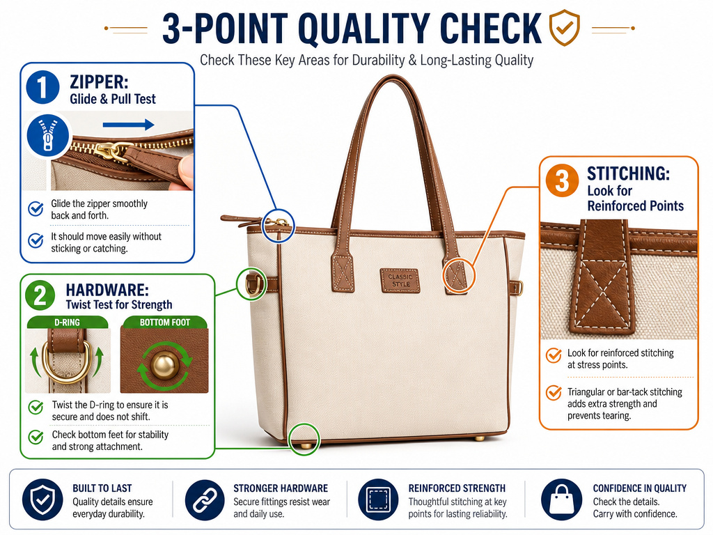 Infographic checklist for testing tote bag zipper, hardware, and stitching quality.