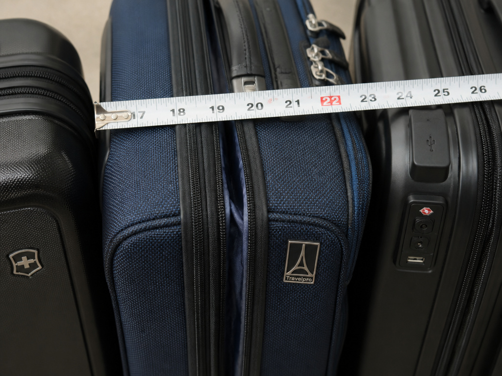 Three recommended carry-on suitcases with a tape measure showing dimensions.