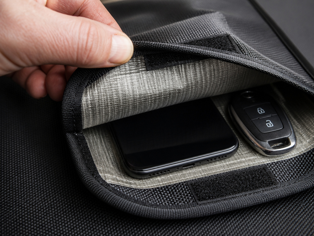 Close-up of a recommended Faraday bag holding a phone and key fob