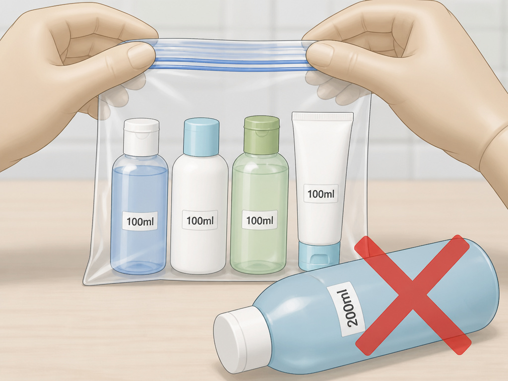 Clear plastic bag with 100ml containers for cabin bag security screening.