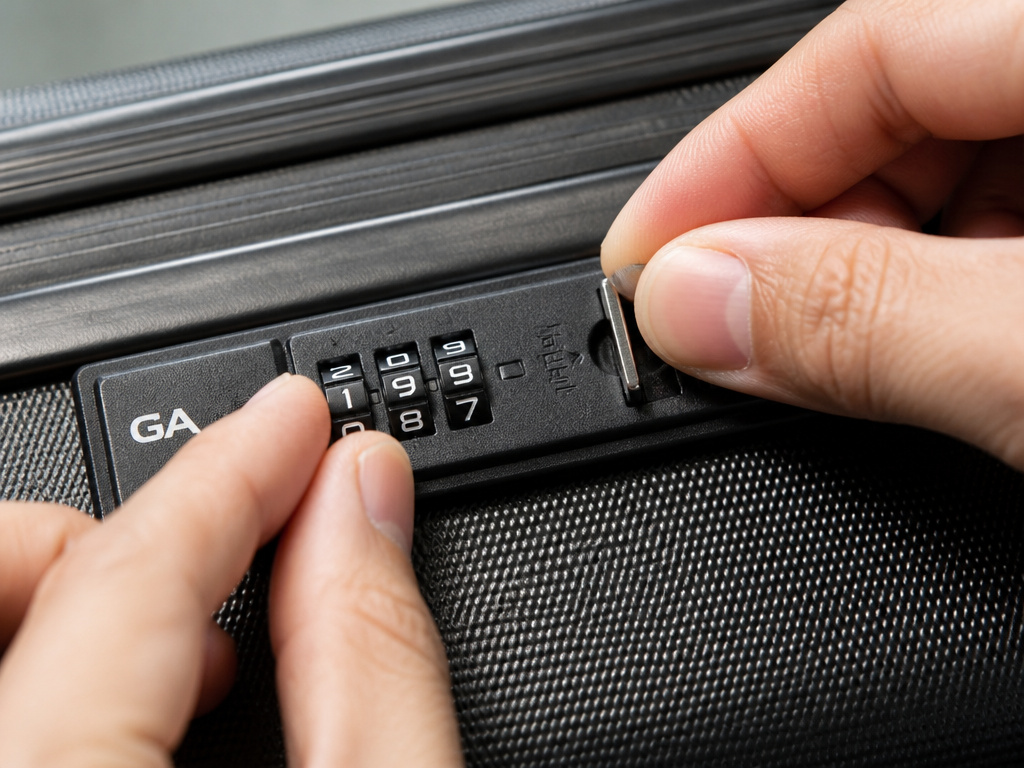 Close-up of hands setting a new combination lock on a GA suitcase.