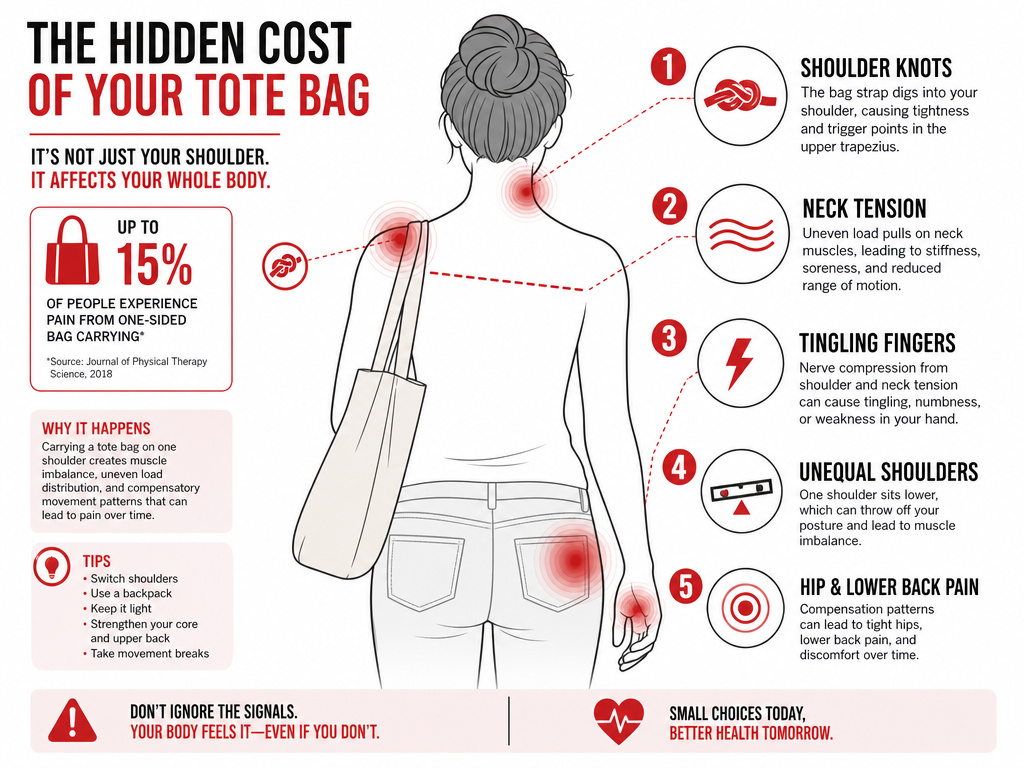 Infographic showing five physical signs of carrying an overloaded tote bag.