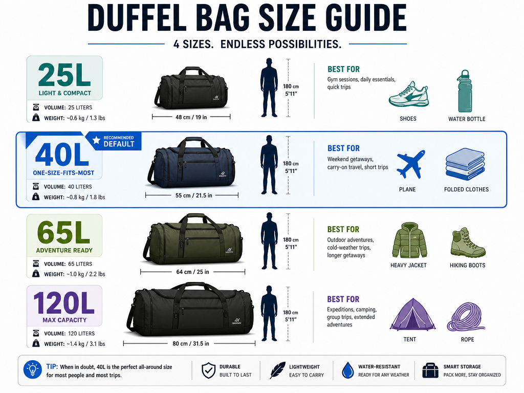 Duffel bag size guide infographic for gym, travel, and expedition uses