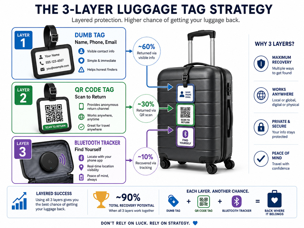 Three-layer luggage tag strategy: dumb tag, QR code tag, and Bluetooth tracker.