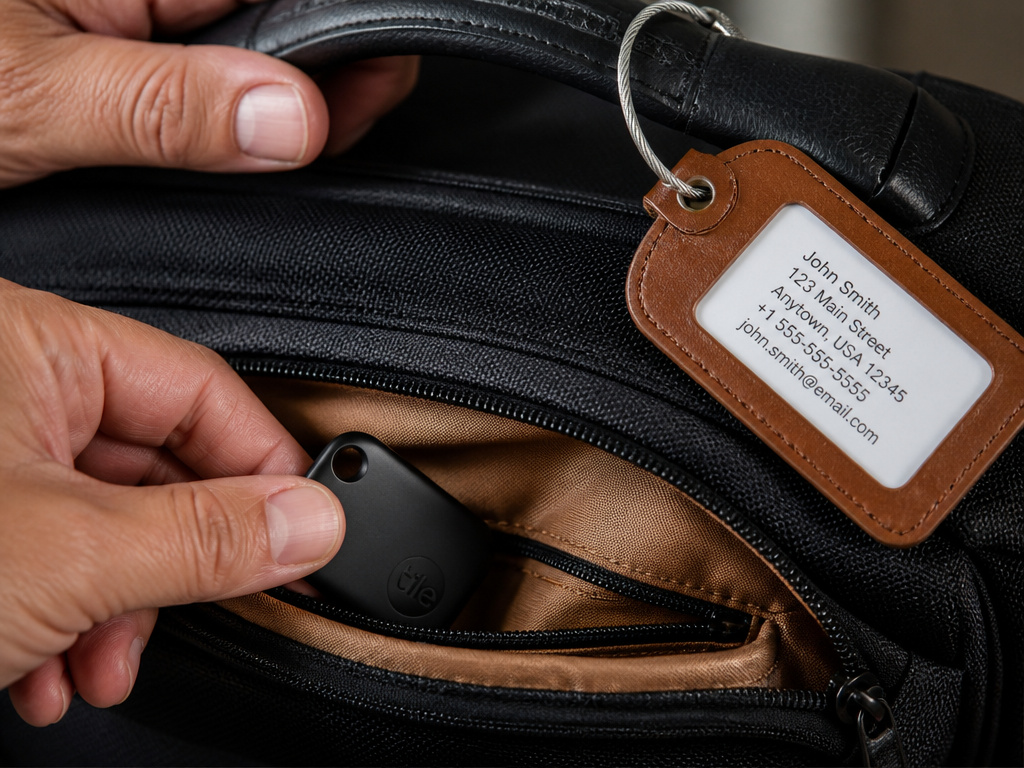 Smart tracker placed inside luggage next to external physical luggage tag.