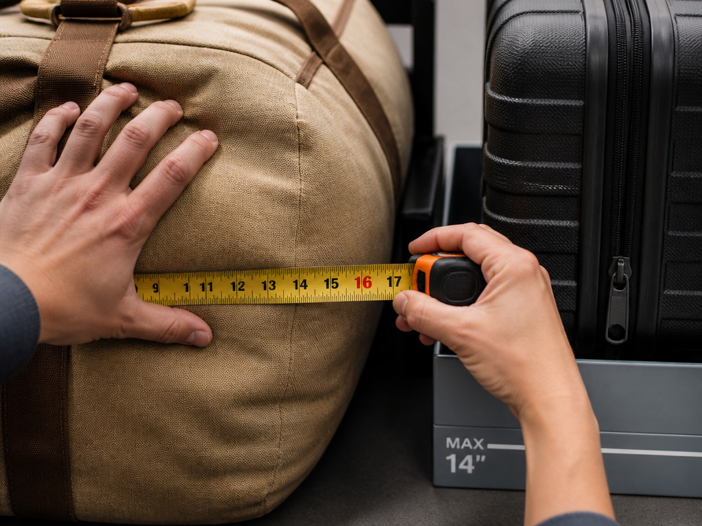 Measuring a soft duffel bag versus a hard-shell carry-on for airline compliance.
