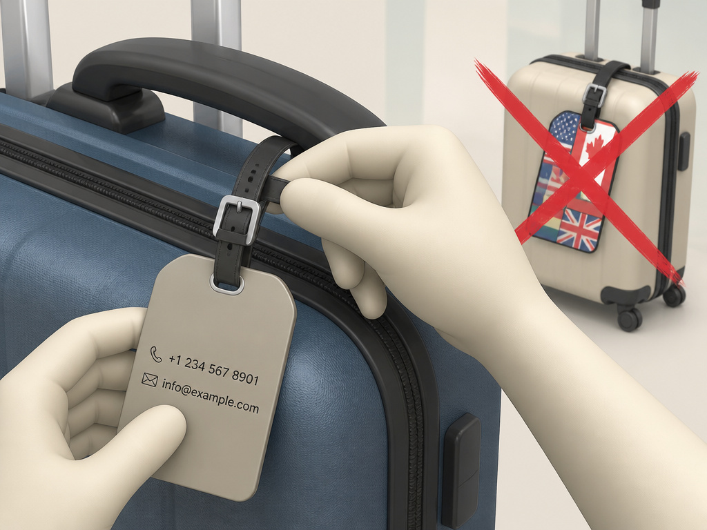Neutral luggage tag for travel to sensitive regions, avoiding flag motifs.
