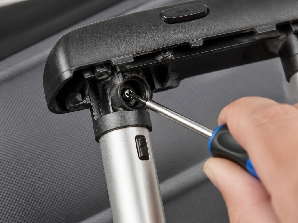 Tightening a hidden Torx screw on a Samsonite suitcase handle repair.