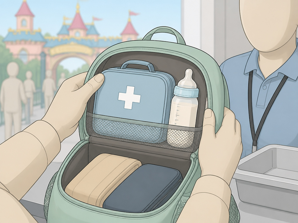 Backpack with medical and diaper bag items visible for Six Flags security check