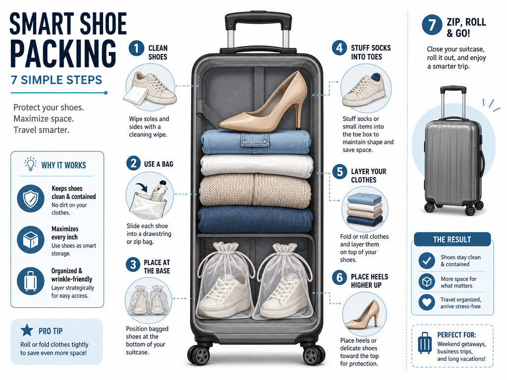 Infographic showing the step-by-step process for packing shoes in a suitcase.