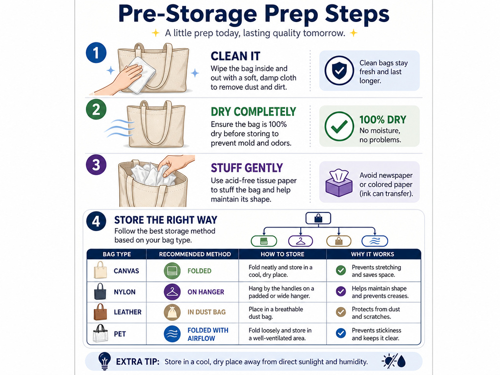 Four-step infographic for cleaning, drying, and storing tote bags properly.