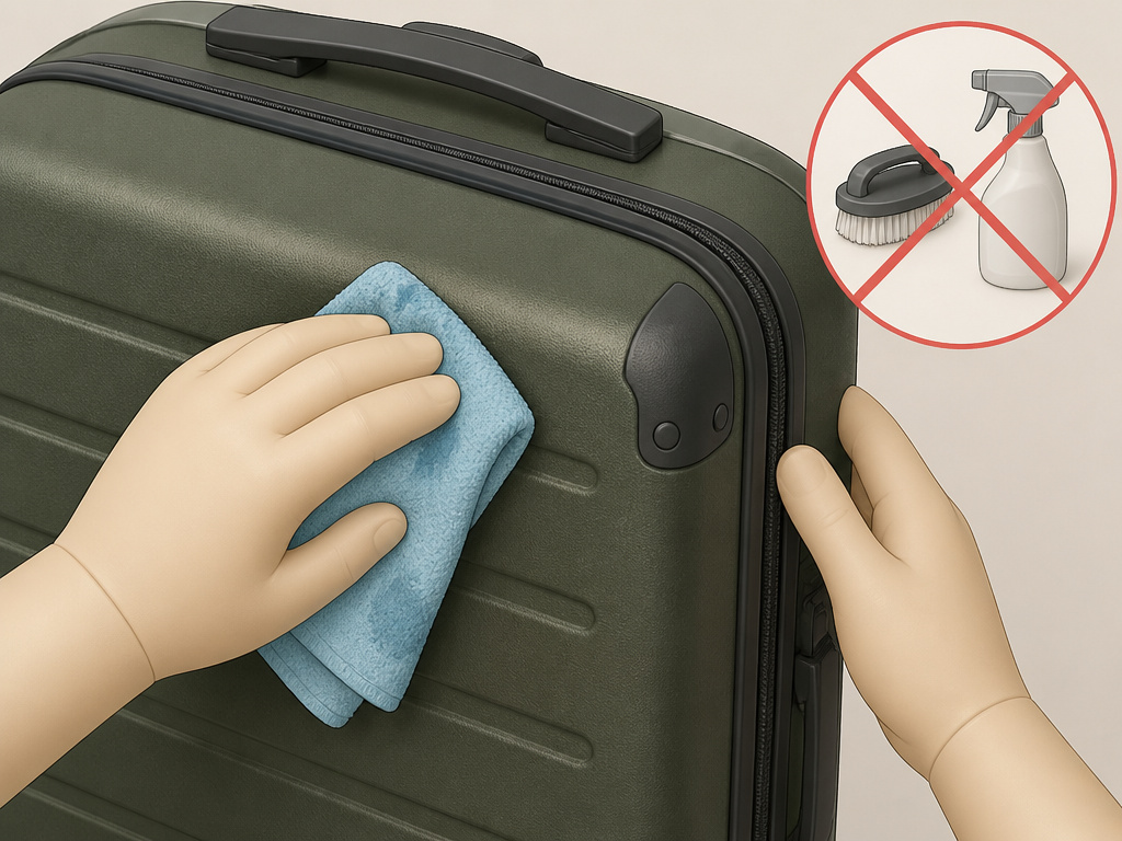 Cartoon showing proper cleaning of a GA suitcase with a damp cloth only.