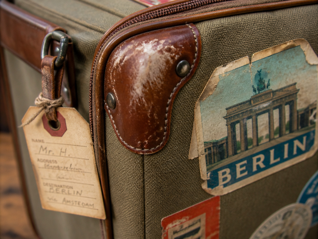 Close-up of a vintage suitcase corner with scuff marks and a travel sticker.
