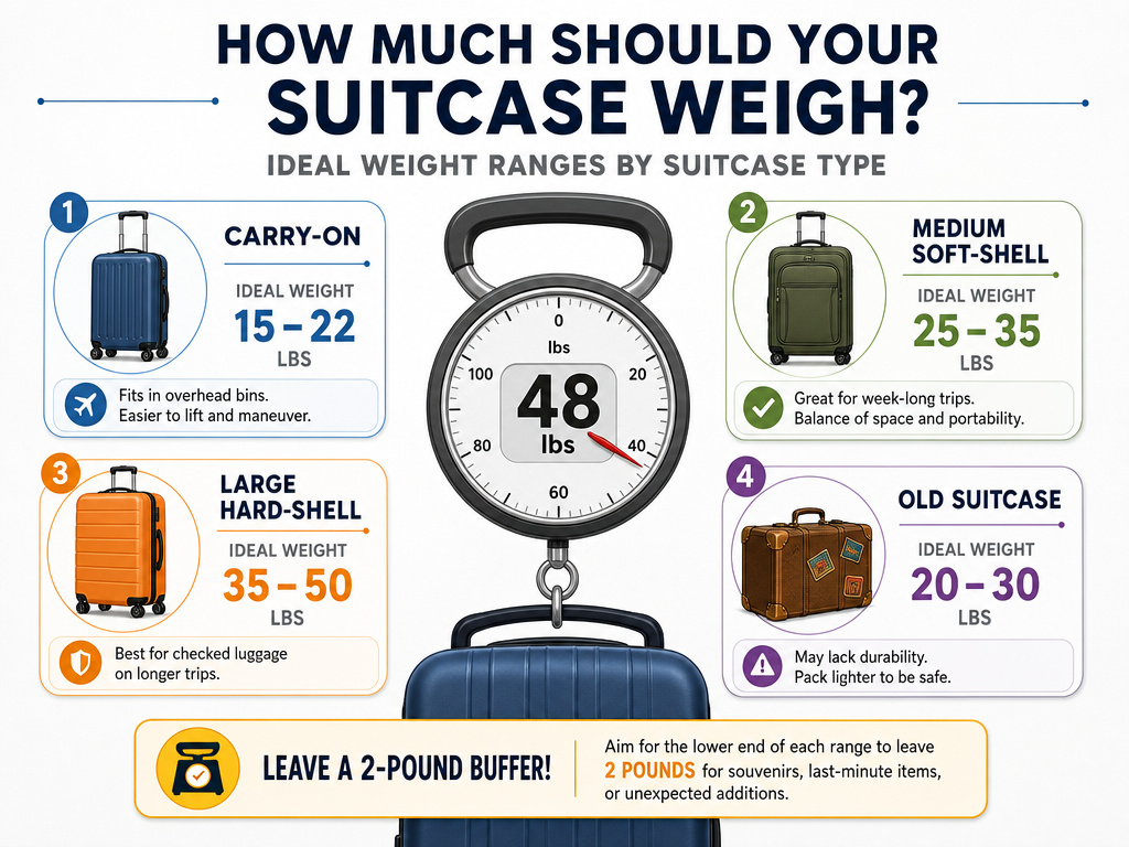 Suitcase weight limits infographic for carry-on, checked, and old luggage.