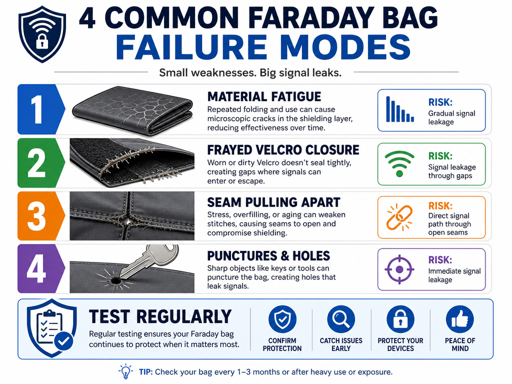 Four common ways a Faraday bag can degrade and fail over time.