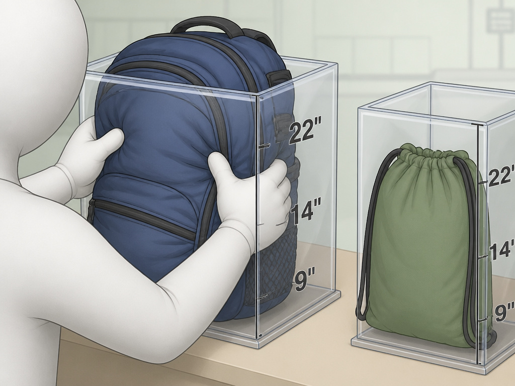 Oversized backpack failing to fit into Radio City Music Hall's sizing box.