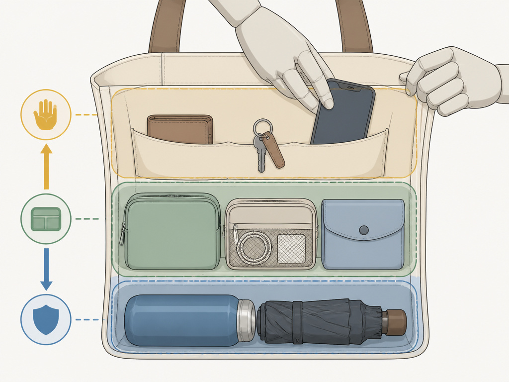 Diagram of the three-zone tote bag organization method for balance and access.
