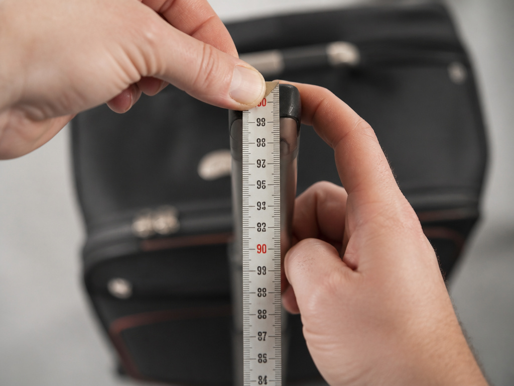 Measuring carry-on bag height from wheel to extended handle with tape