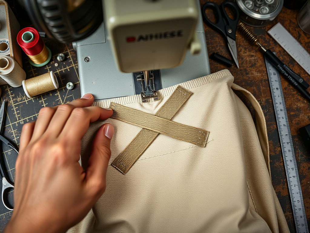 Sewing a reinforced box-and-X handle attachment on a canvas duffle bag.