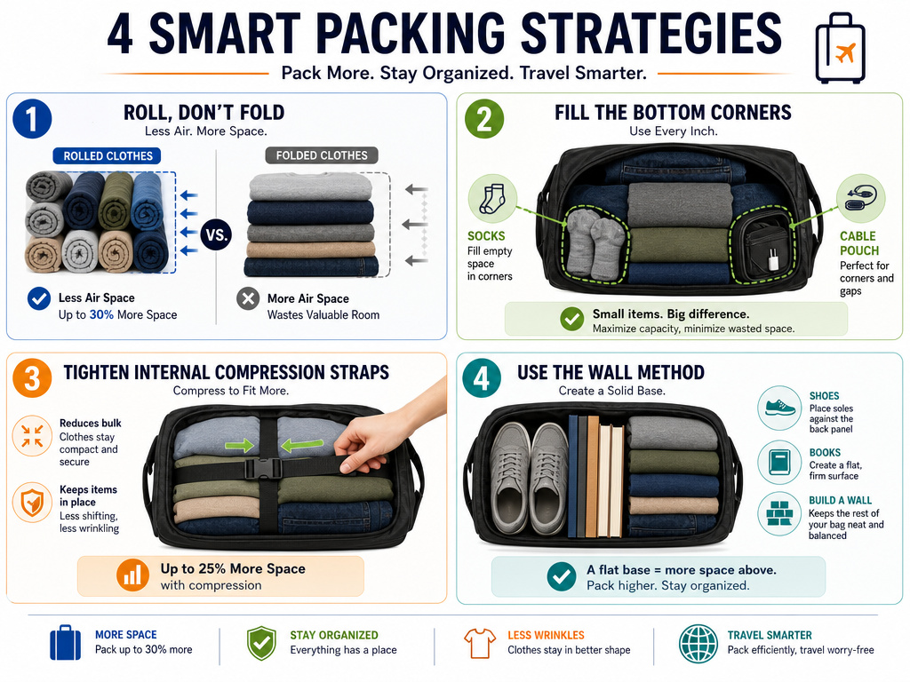 Infographic on maximizing space in a duffel bag with rolling and compression techniques.