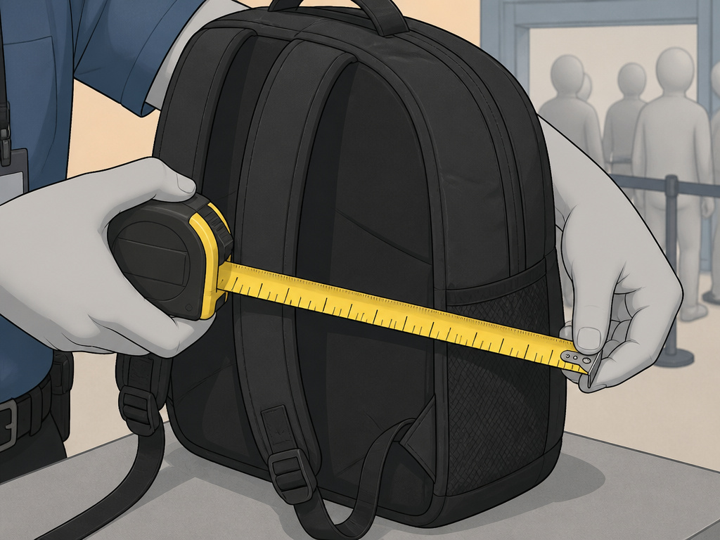 Security measuring a backpack depth against MSG's bag size policy limit.
