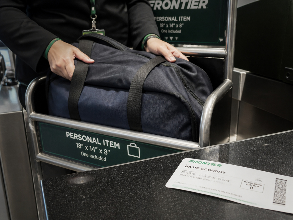 Duffel bag being measured in Frontier Airlines personal item sizer at gate