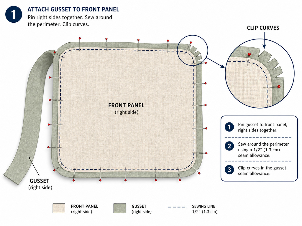 Diagram showing how to attach a gusset to a bag panel during box construction.