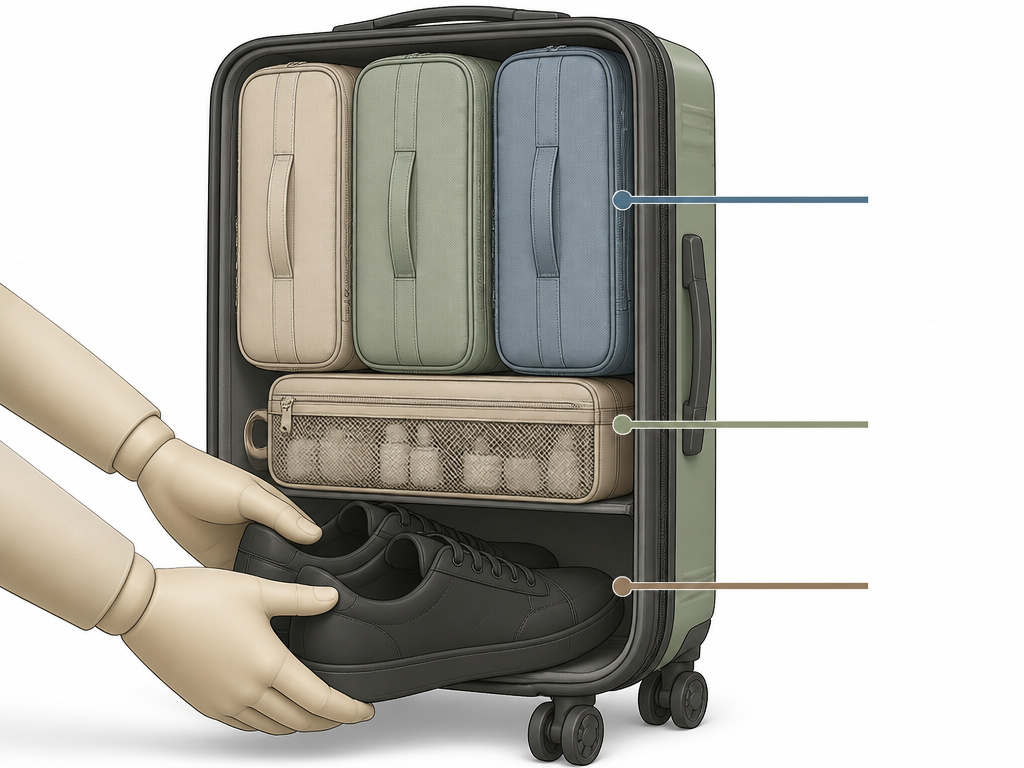 Diagram showing correct suitcase packing order with heavy items at the bottom.