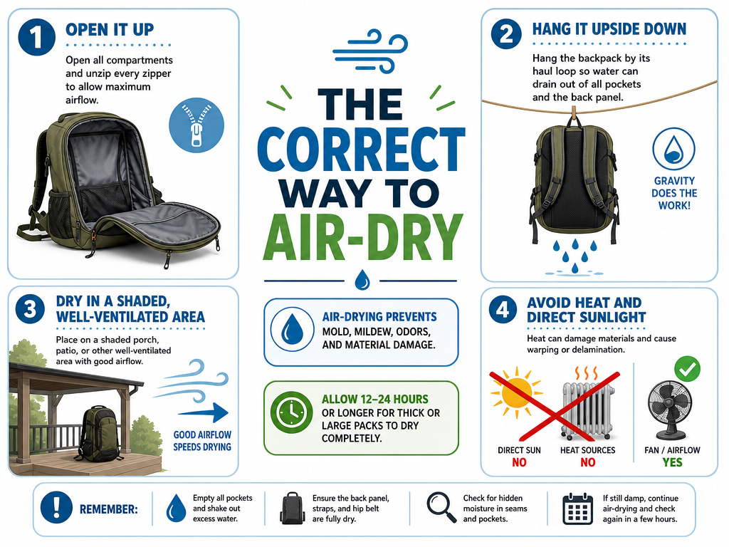 Infographic showing four steps for properly air-drying a backpack to avoid damage.
