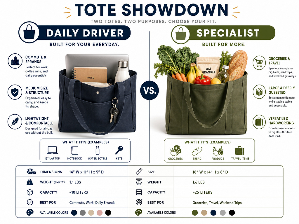 Infographic comparing a daily use tote bag versus a specialist tote bag for different tasks.